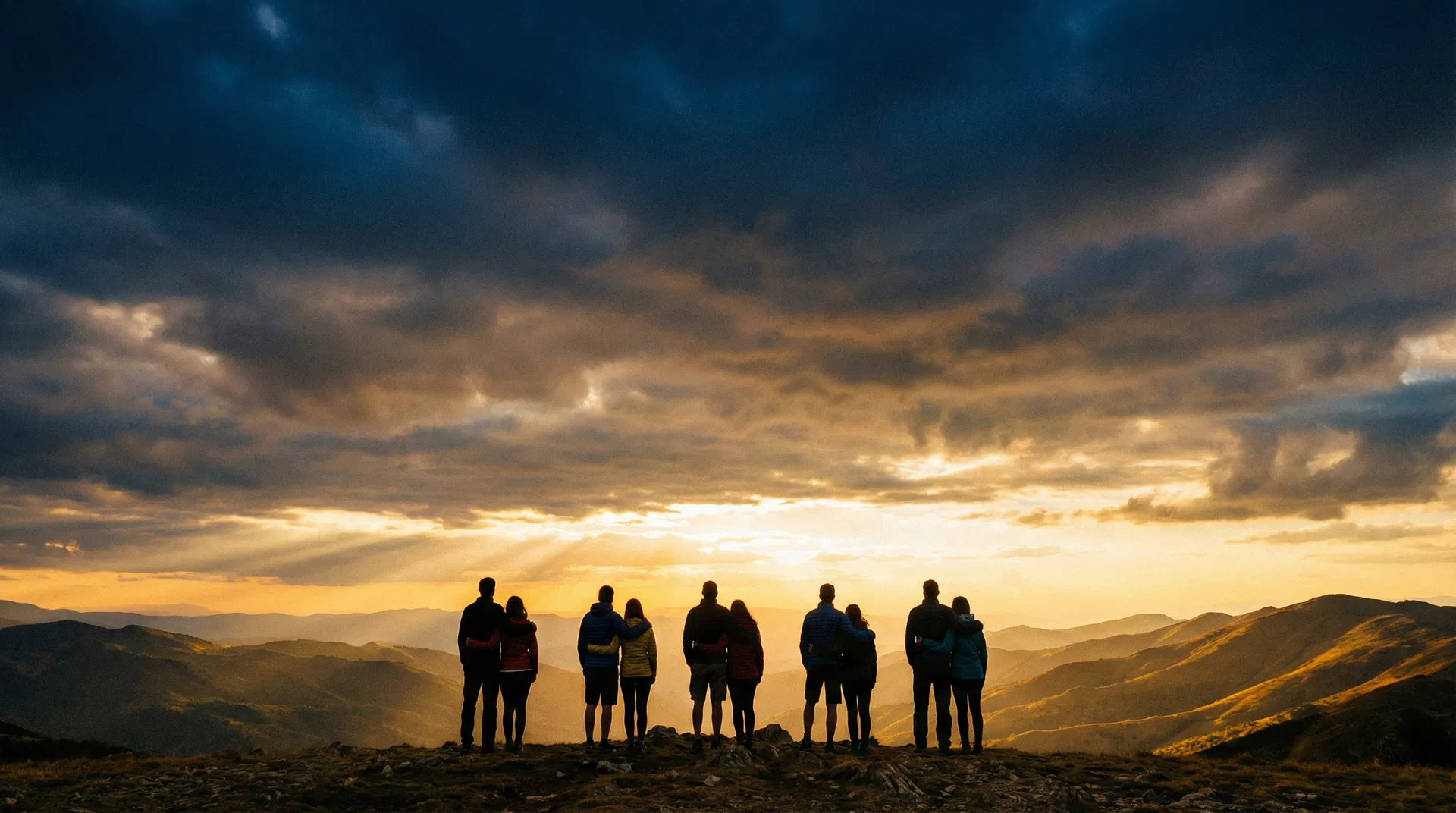 Five couples on a mountaintop at golden hour