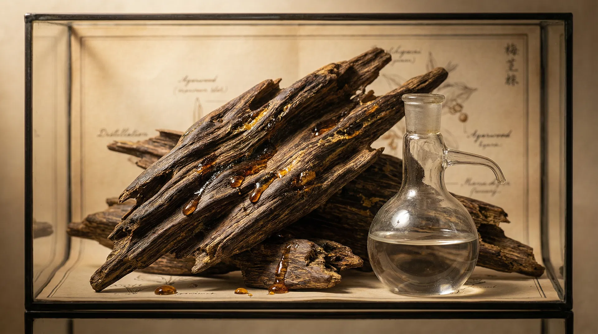 時代沉香品牌主視覺 - 沉香原木與蒸餾液