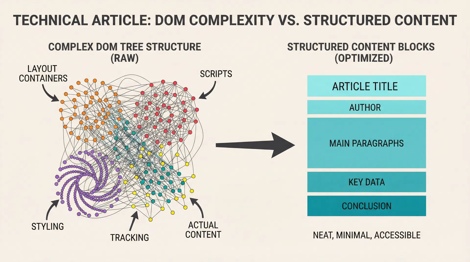 Split visualization comparing a complex DOM tree with hundreds of nodes versus clean extracted content blocks