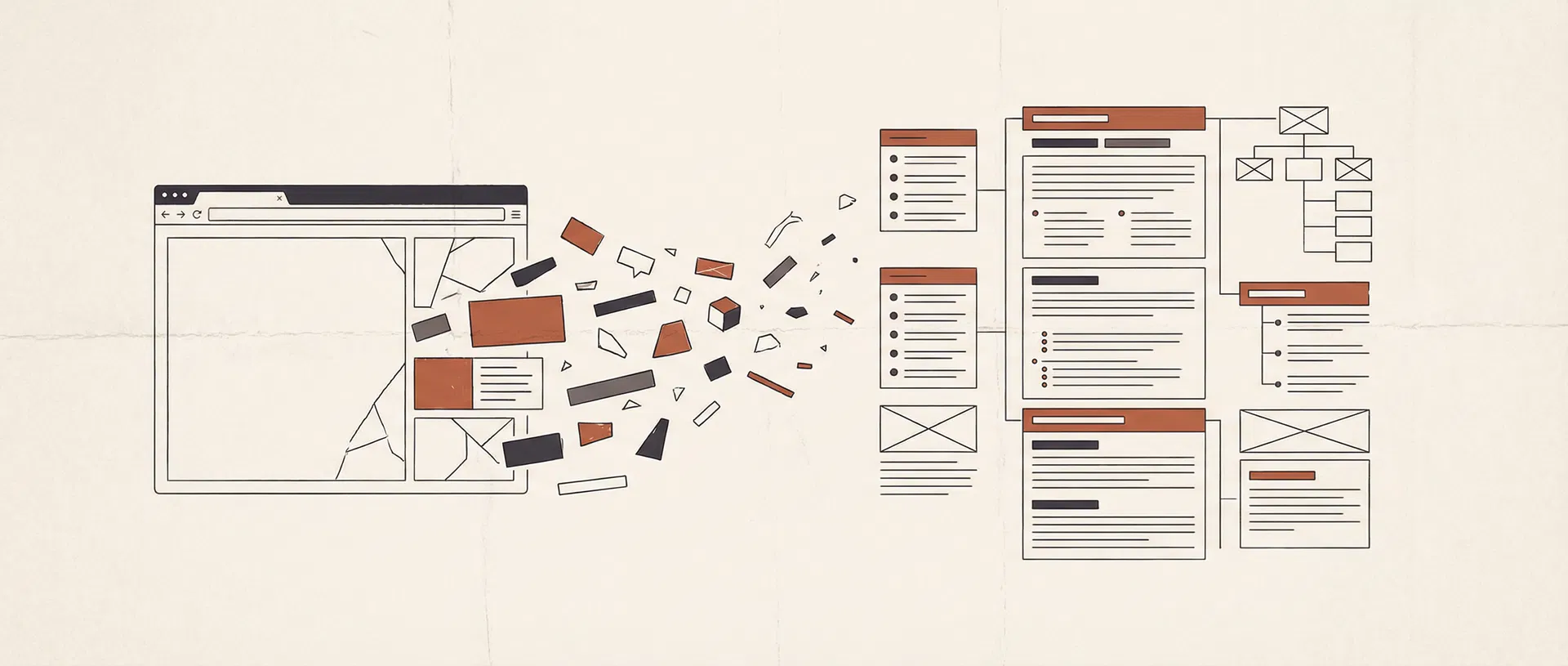 Abstract illustration of a browser window fragmenting into structured semantic data