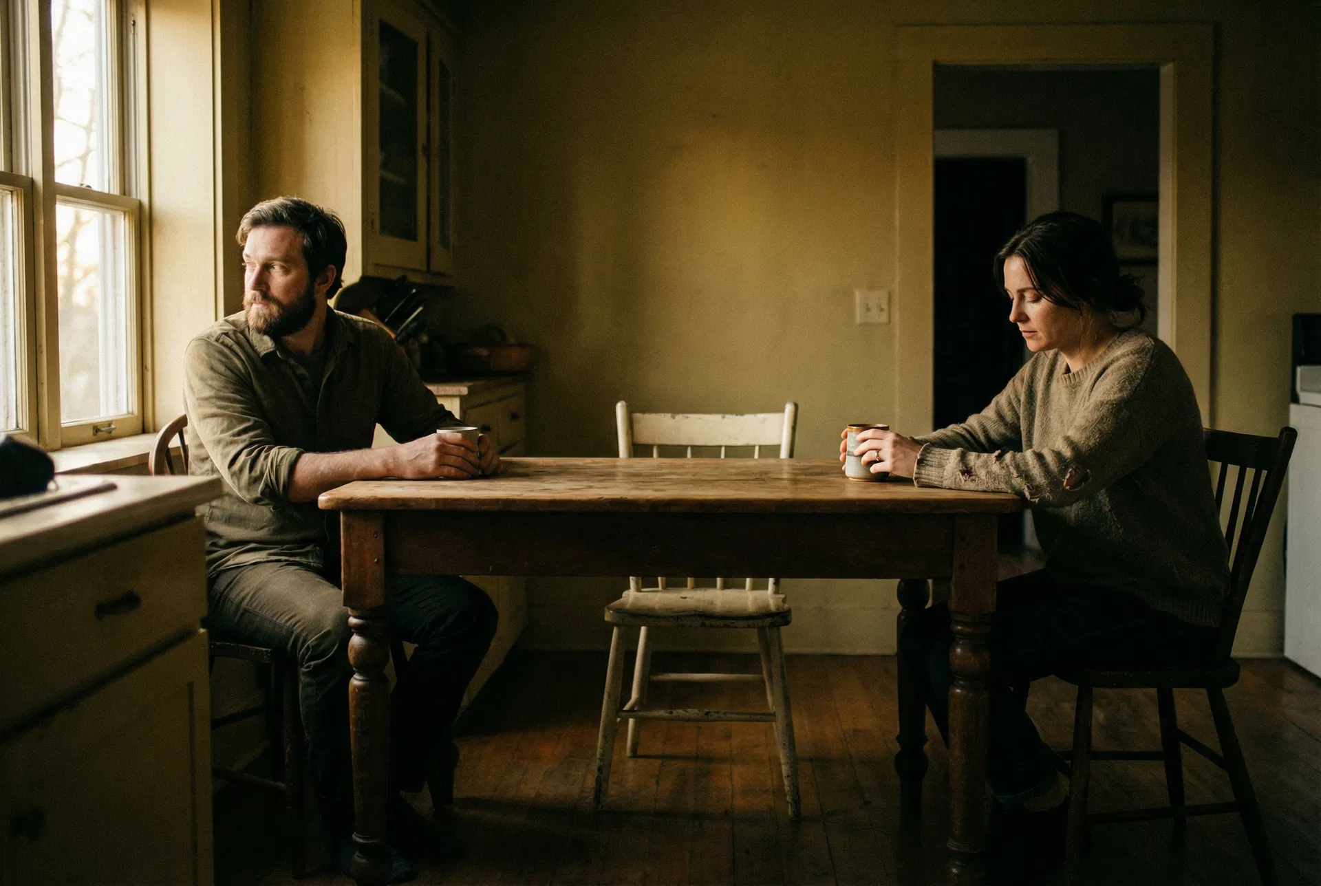 Coppia seduta a un tavolo senza guardarsi — distanza emotiva e stili di attaccamento nella migrazione