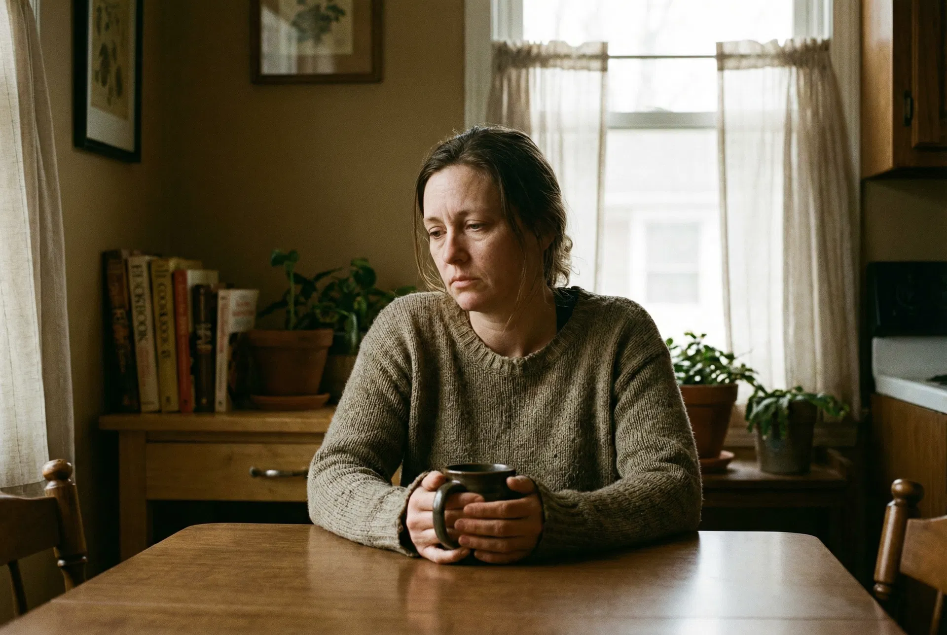 Donna sola al tavolo della cucina con una tazza tra le mani, sguardo pensieroso verso la finestra
