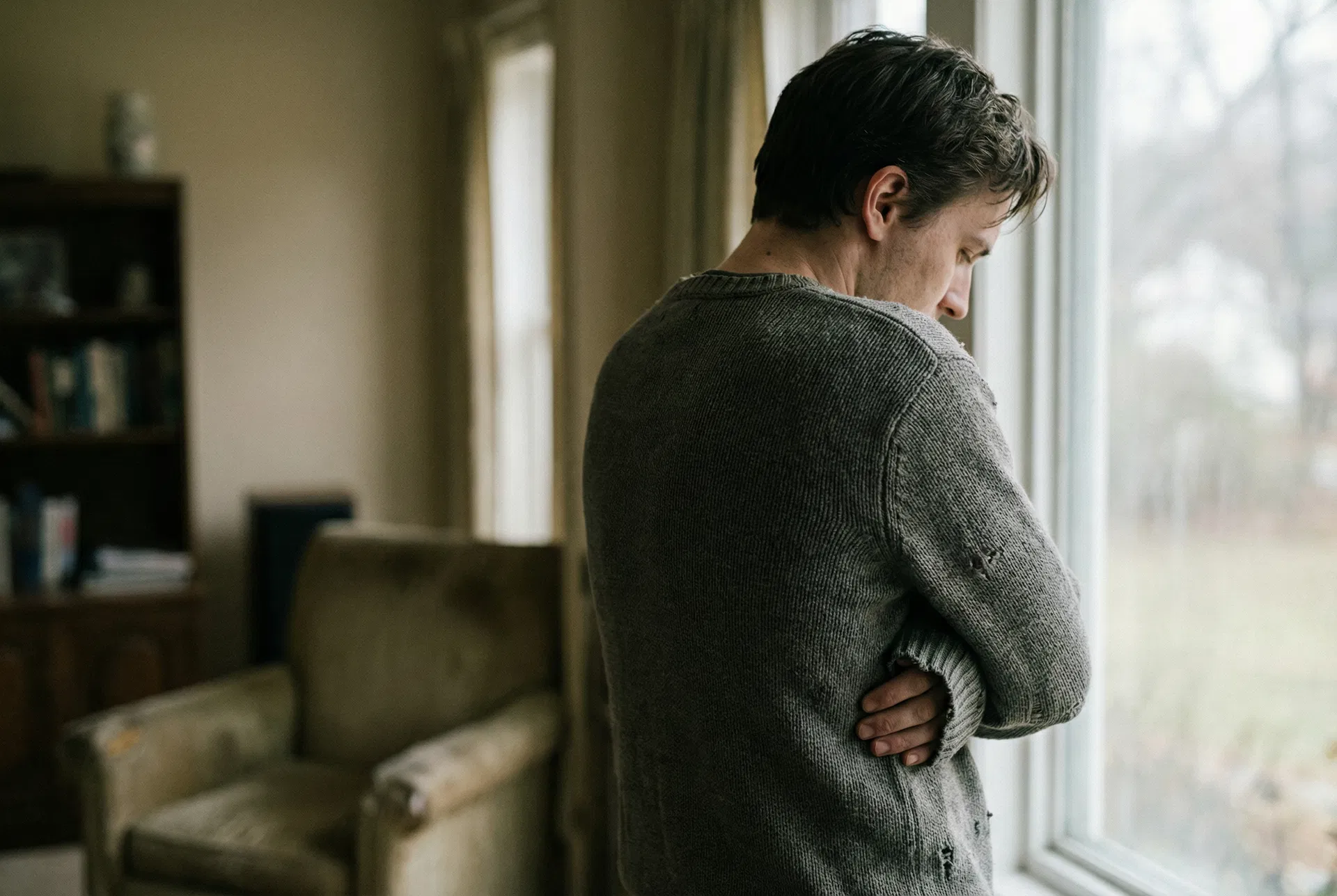 Persona di spalle con le braccia conserte alla finestra — immaturità emotiva e chiusura relazionale