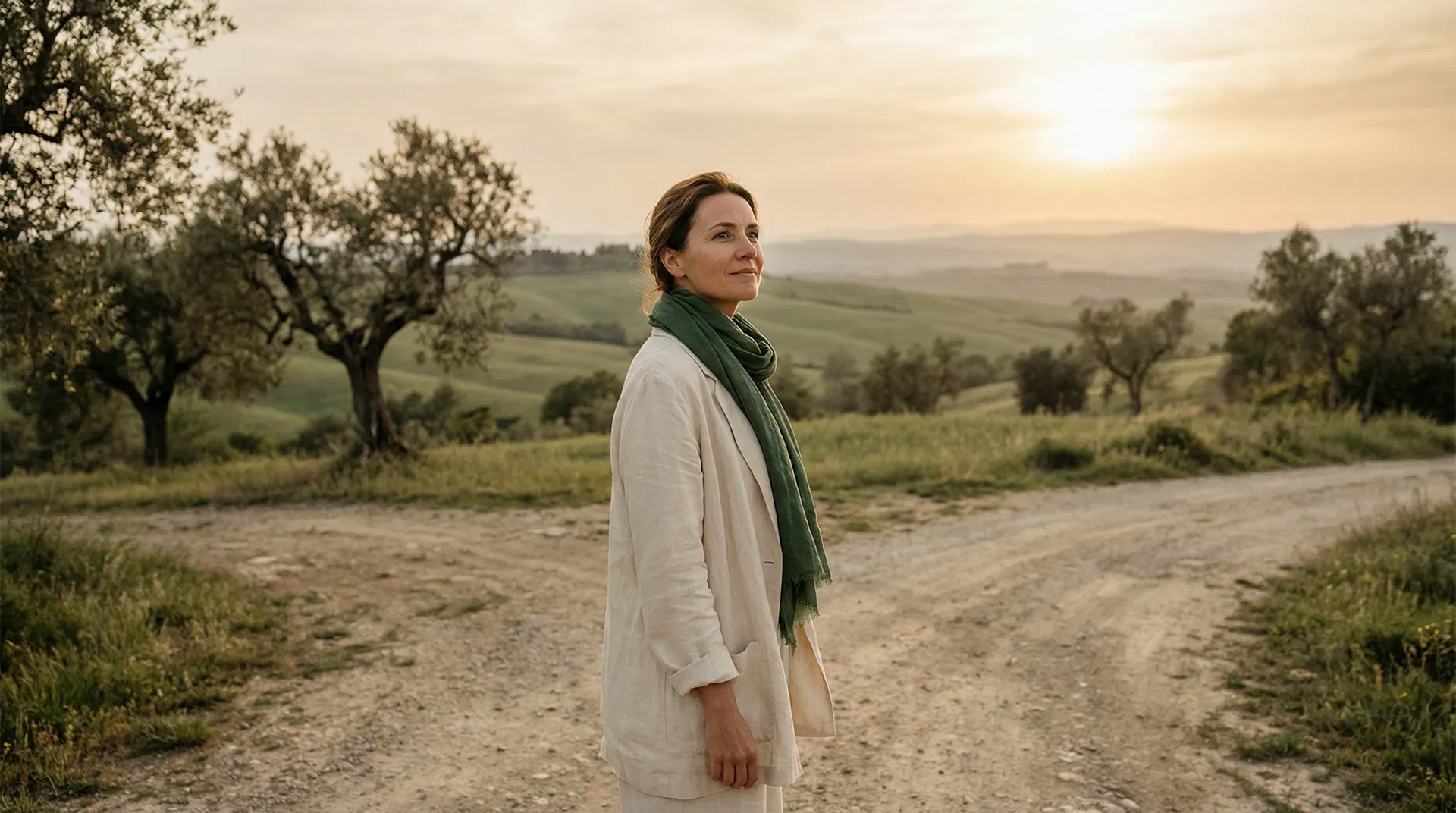 Donna in paesaggio aperto che guarda l'orizzonte