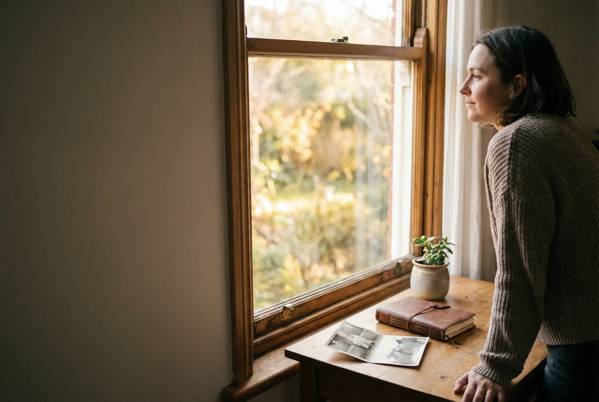 Persona alla finestra con diario e fotografia — risorse psicologiche interiori del migrante