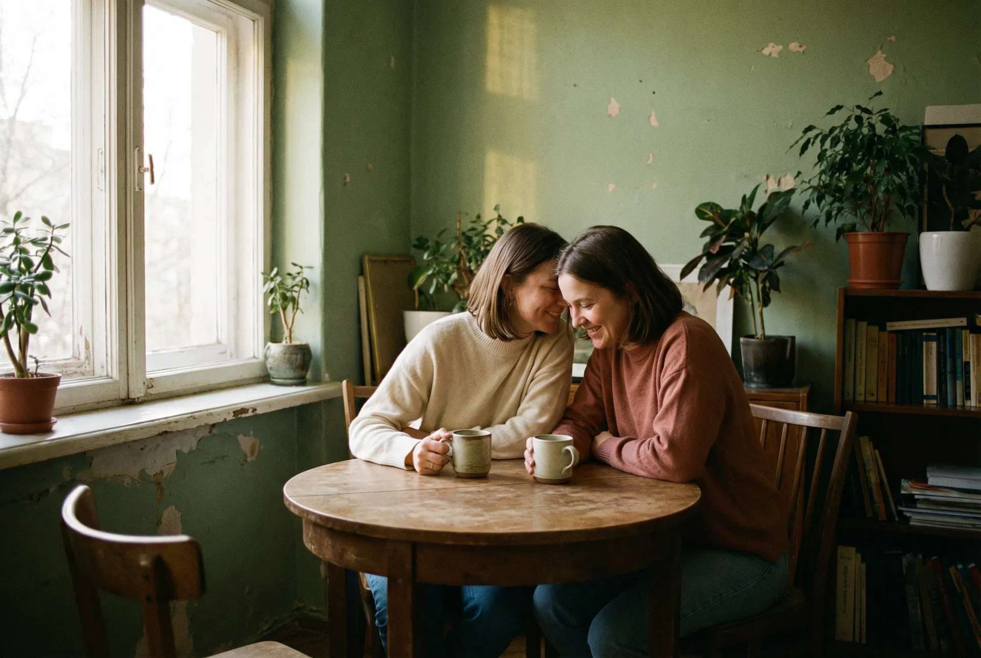 Due donne sedute a un tavolo rotondo con tazze di caffè, connessione autentica e reciprocità
