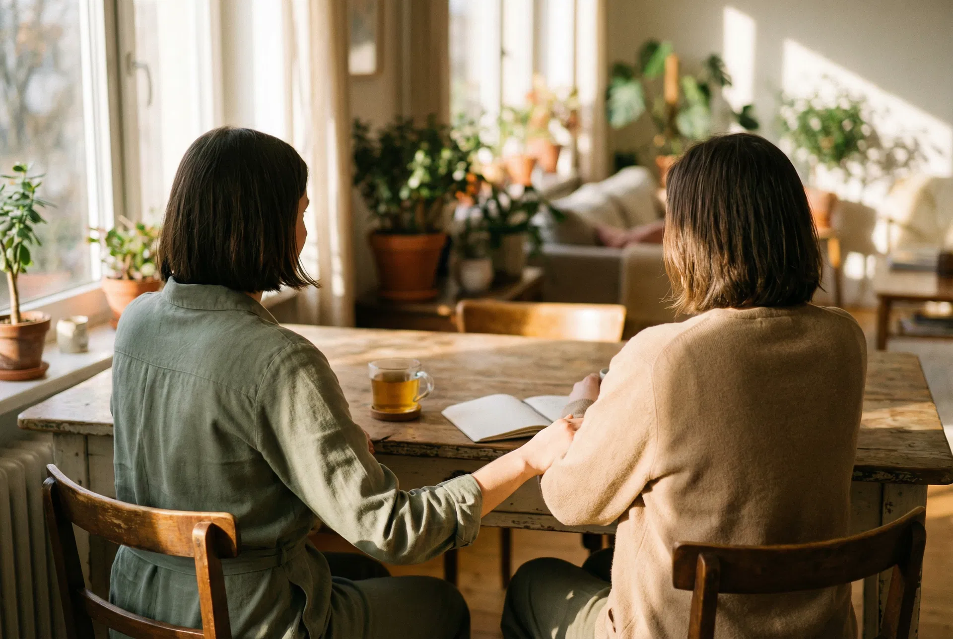 Due donne sedute a un tavolo rotondo con tazze di caffè — connessione autentica e reciprocità