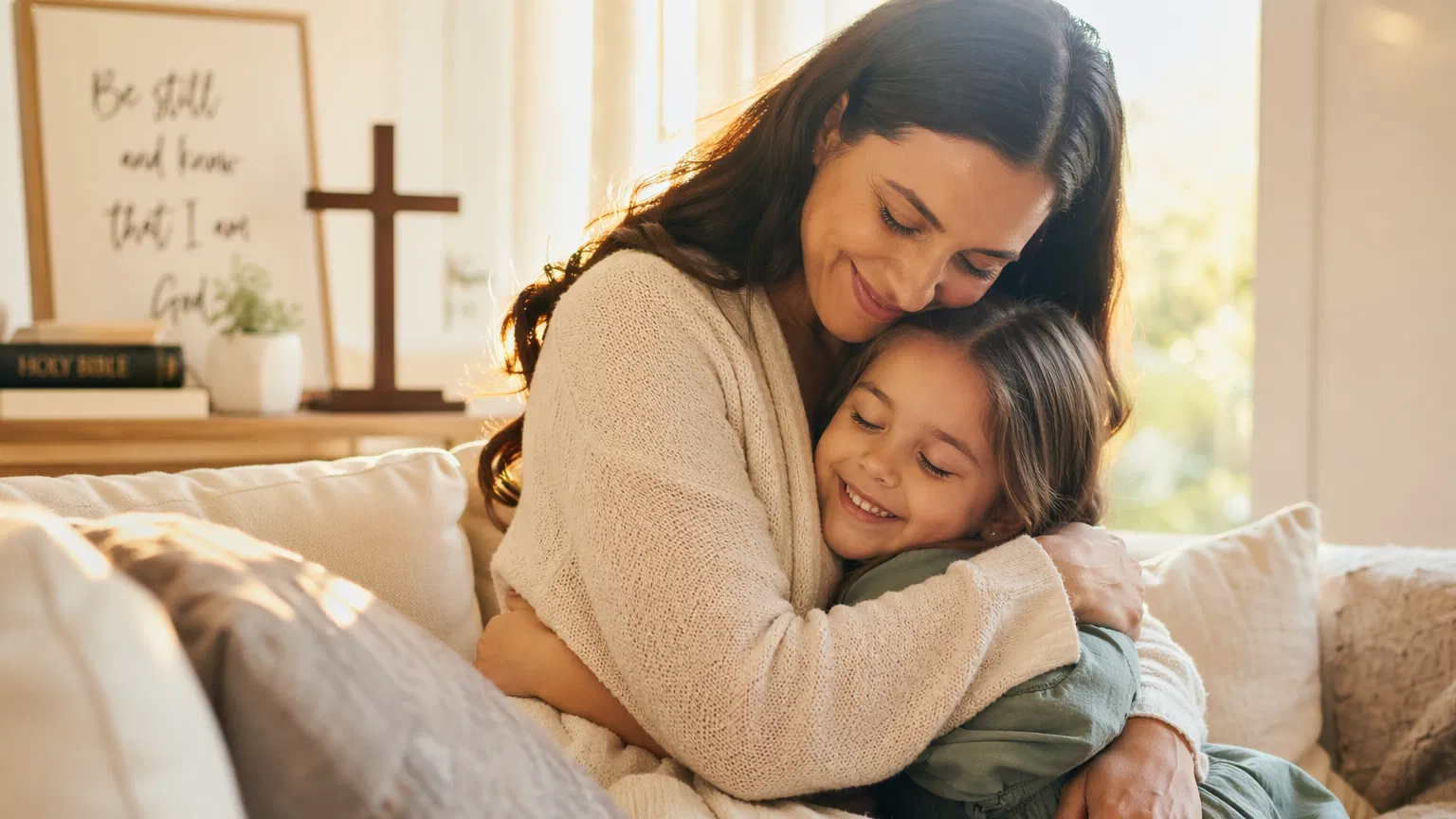 Mãe abraçando filho com paz