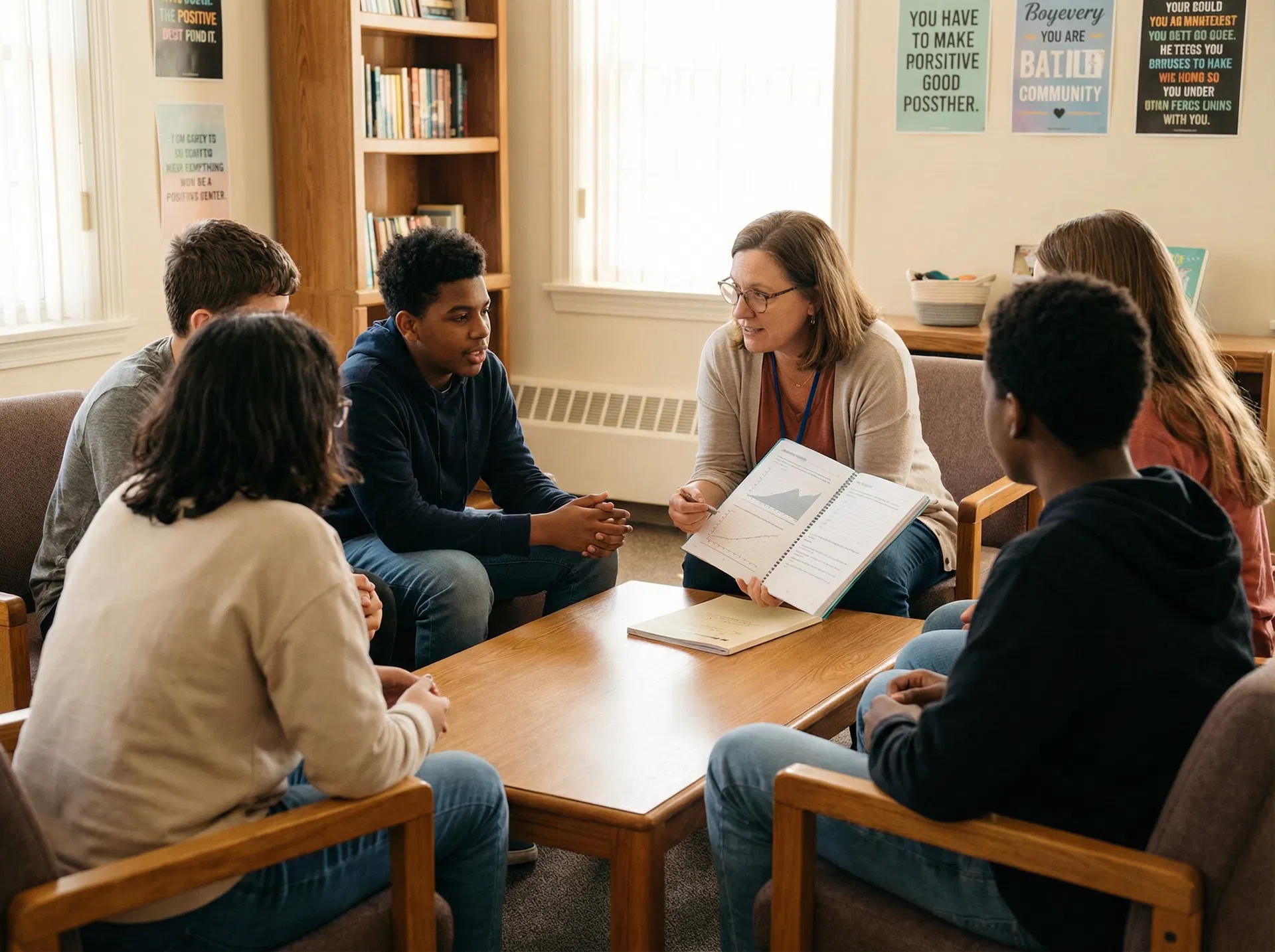 Counselor facilitating gun violence intervention curriculum with youth