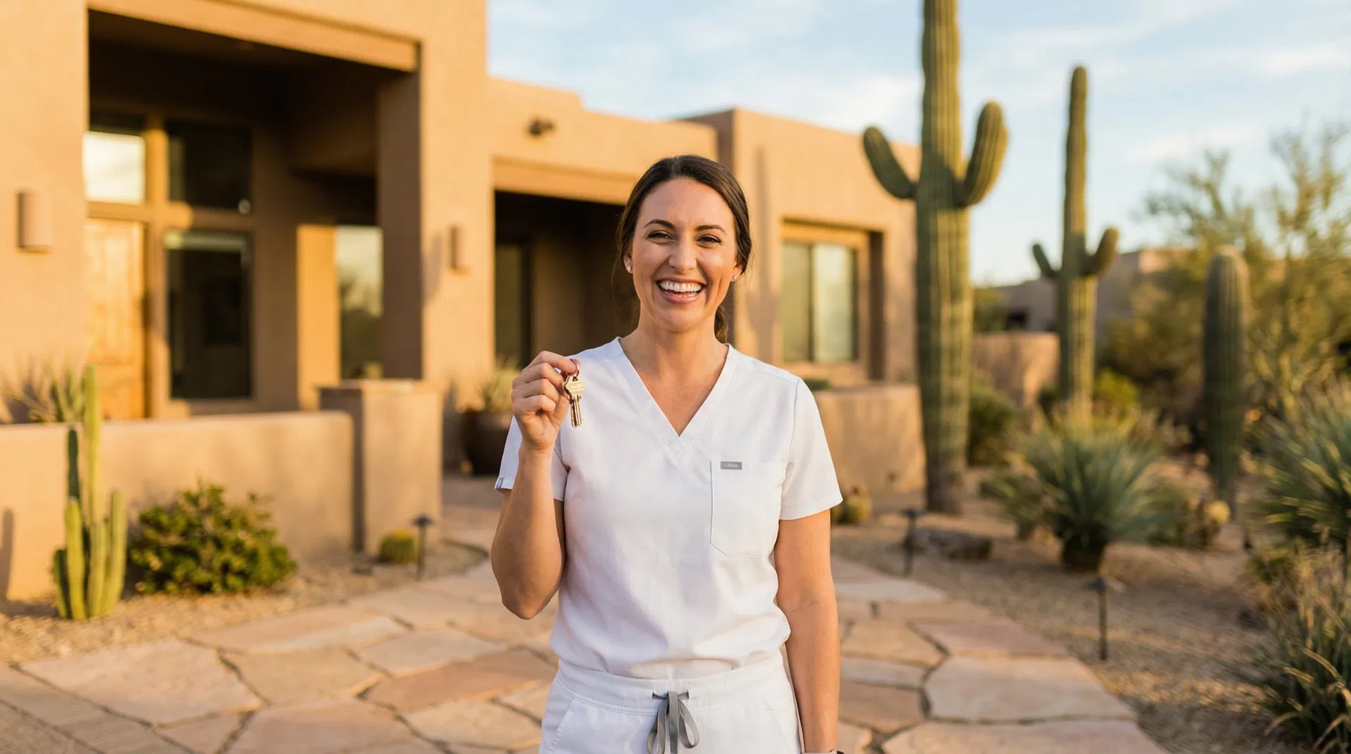 Dentist holding house keys in front of Arizona home