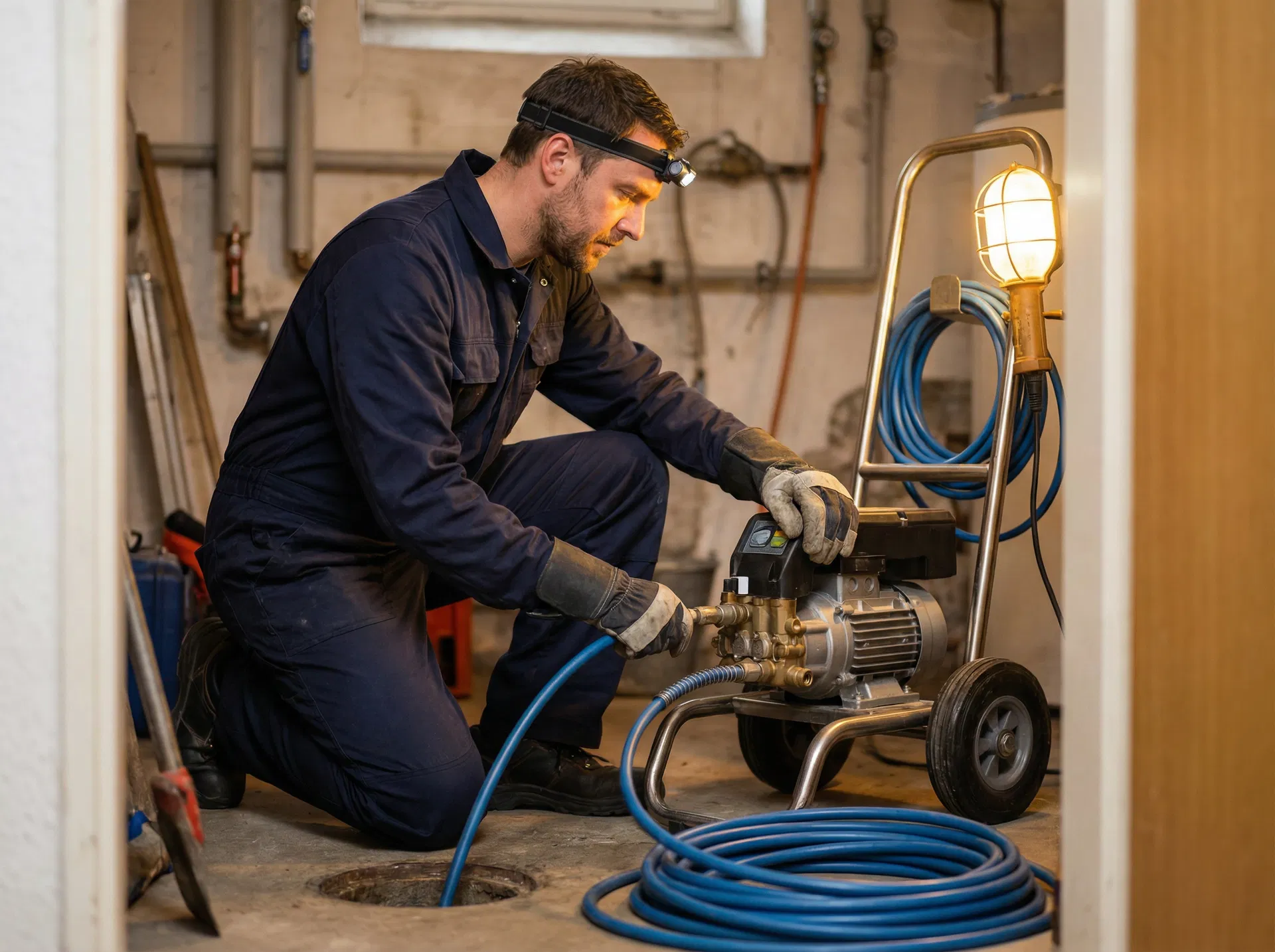 Professioneller Rohrreiniger mit Hochdruckgerät bei der Arbeit