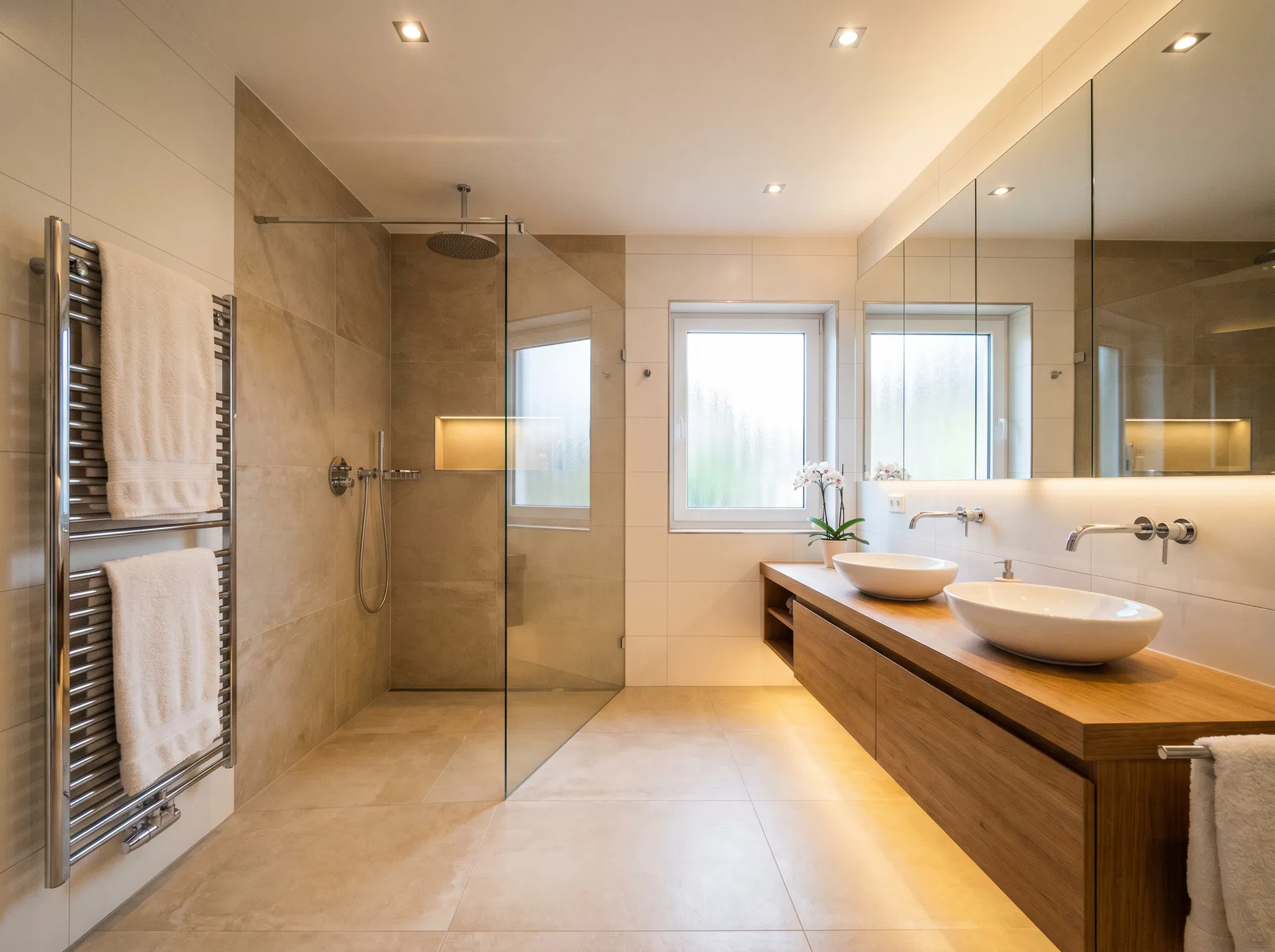 Luxusbad mit Doppelwaschtisch & Regendusche