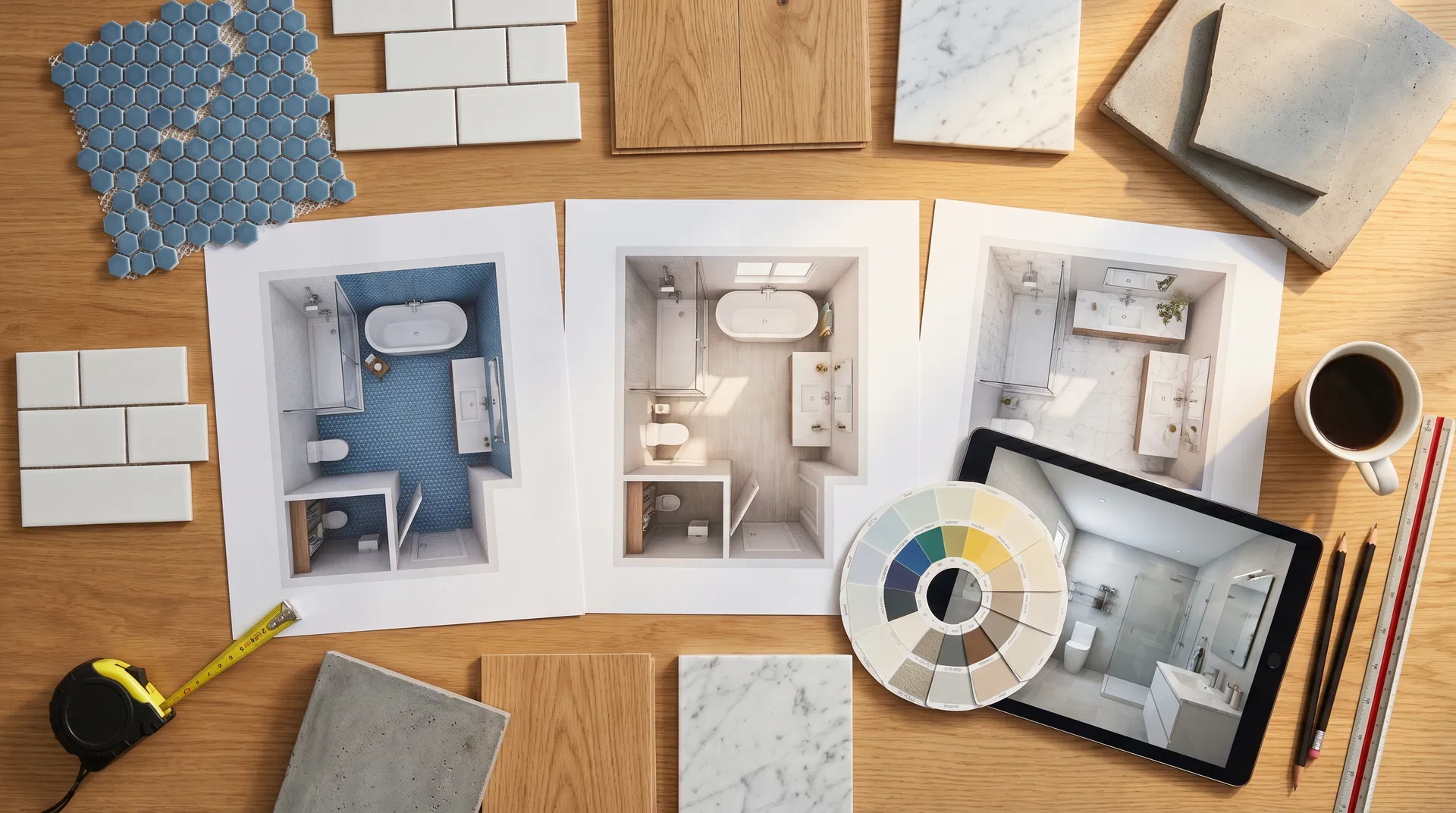 Badsanierung Planung - 3D-Grundrisse und Materialproben auf dem Schreibtisch