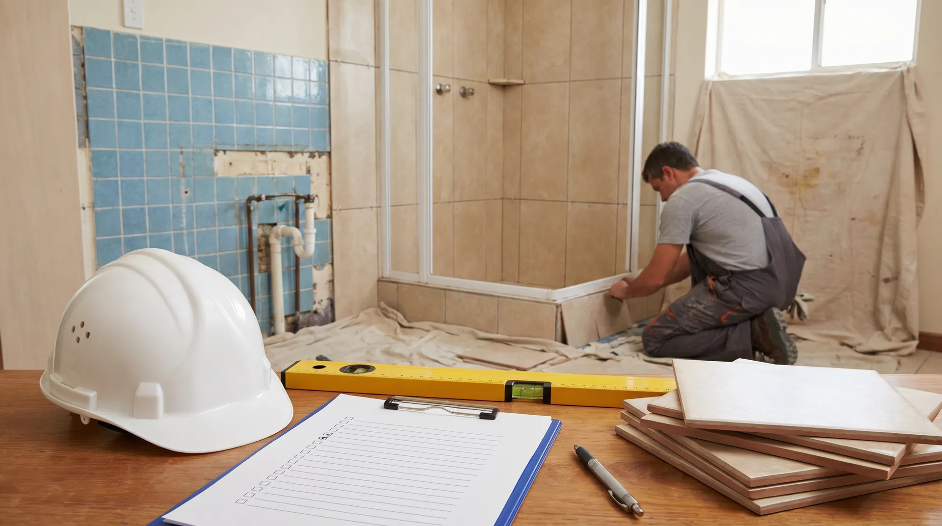 Badsanierung Ratgeber - Handwerker bei der Fliesenverlegung mit Checkliste