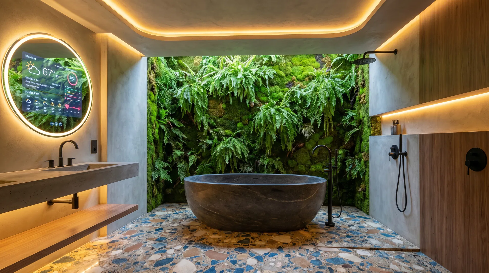 Badezimmer Trends 2026 - Biophilic Design mit Pflanzen und Smart Mirror