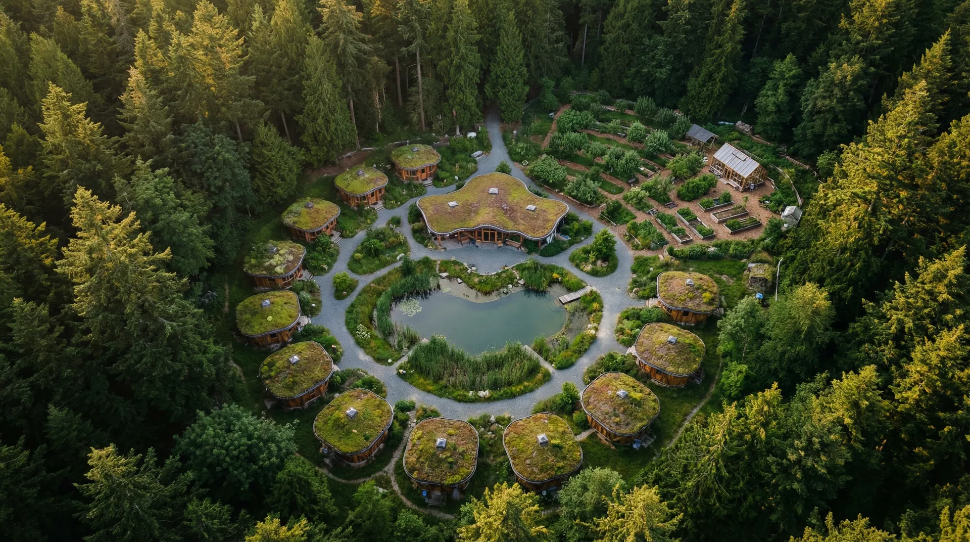 Aerial overview of a complete Fresco Regenerative Camp — cottages, food forest, and natural pond within old-growth forest