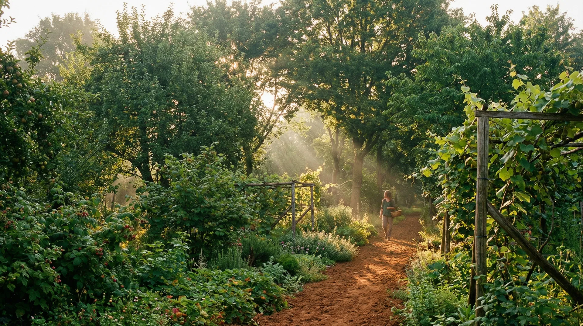 FrescoCamp food forest at golden hour