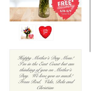 A colorful bouquet of flowers in a glass vase, accompanied by a red heart-shaped balloon and a handwritten card. The card is a Mother's Day message from multiple senders to their mother, Milagros Kaahanui.