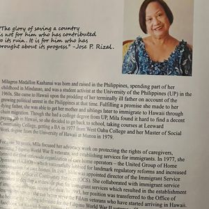 A document featuring a portrait of Milagros Medallon Ka'ahanui and her biography. The text details her life, from her birth in the Philippines to her extensive advocacy work in Hawaii for immigrants, veterans, and caregivers.
