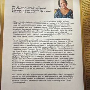 This image is a high-quality scan of a document, likely from a program or book, detailing the life and accomplishments of Milagros Medallon Kaahanui. It includes a portrait of her, a quote from Jose P. Rizal, and extensive biographical text about her advocacy work for immigrants, veterans, and caregivers in Hawaii. The bottom of the page indicates it is from the 'DR. JOSE P. RIZAL LEGACY AWARD FOR PEACE AND SOCIAL JUSTICE GALA 2024'.