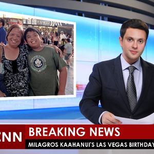 A mock CNN breaking news broadcast is depicted, with a male news anchor at a desk. An inset image displays an older woman and a young boy smiling together in a crowded outdoor setting at night. A news ticker at the bottom reads 'CNN BREAKING NEWS' and 'MILAGROS KAAHANUI'S LAS VEGAS BIRTHDAY'.