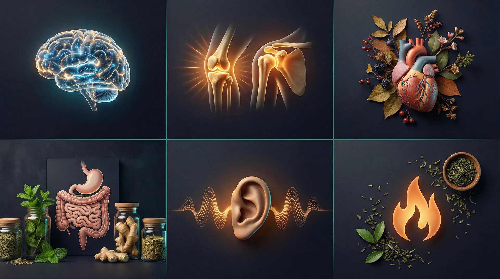 Visual representation of health categories: brain, joints, heart, digestive system, ear, and metabolism