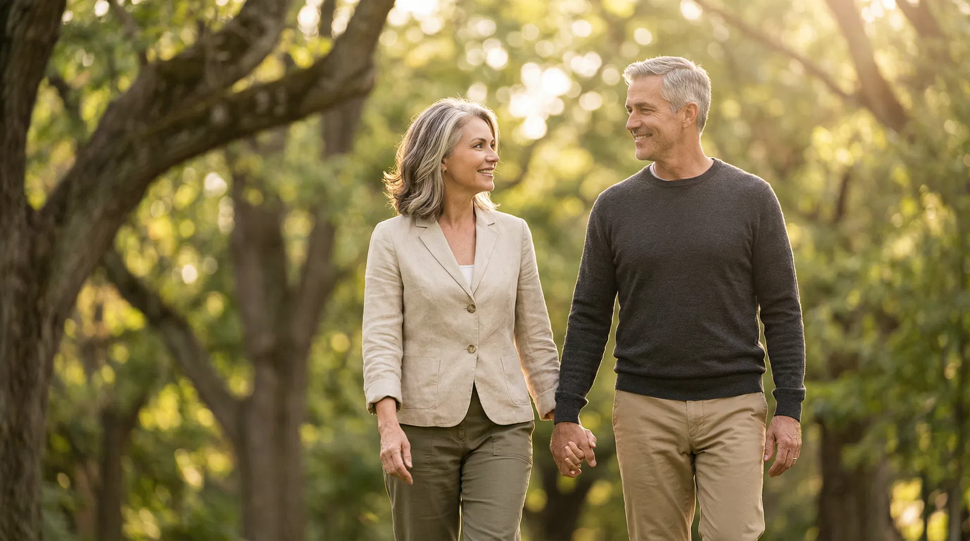 A healthy, vibrant couple walking together in a sunlit park, representing vitality and wellness