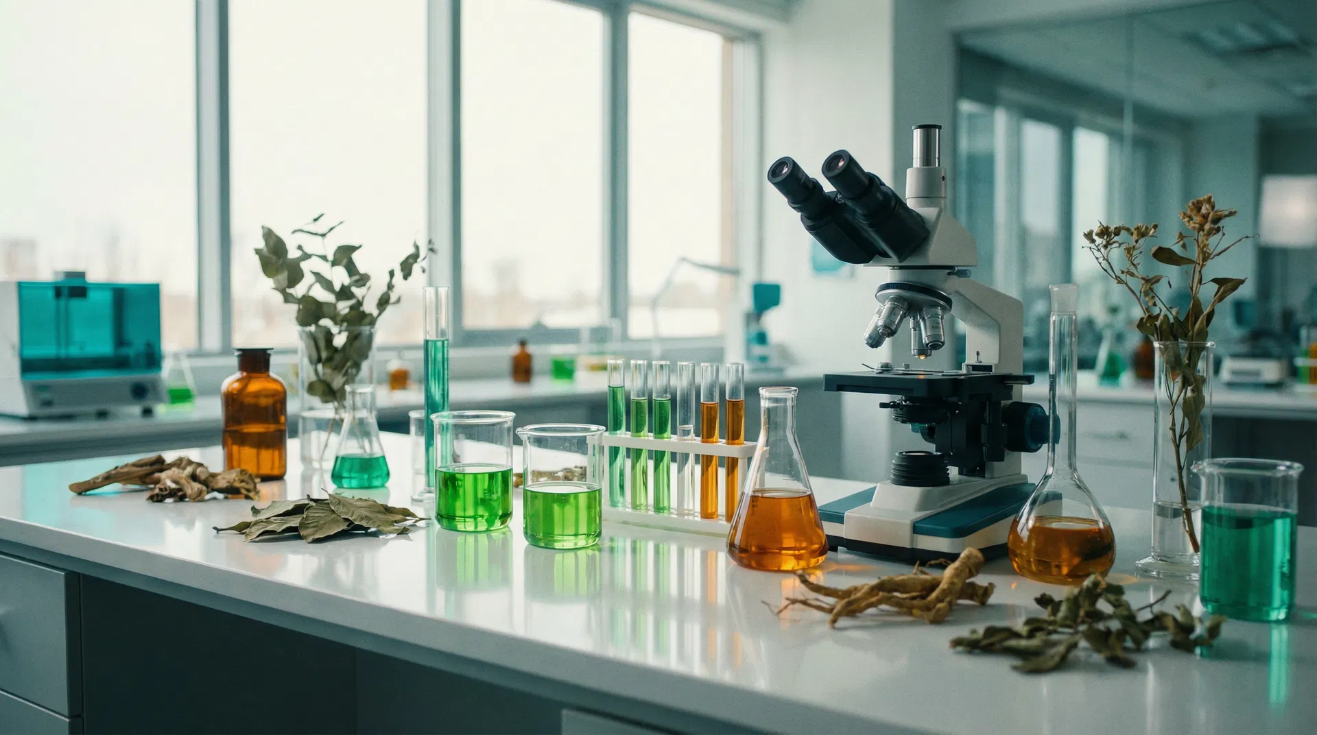 Modern pharmaceutical research laboratory with botanical specimens and scientific equipment