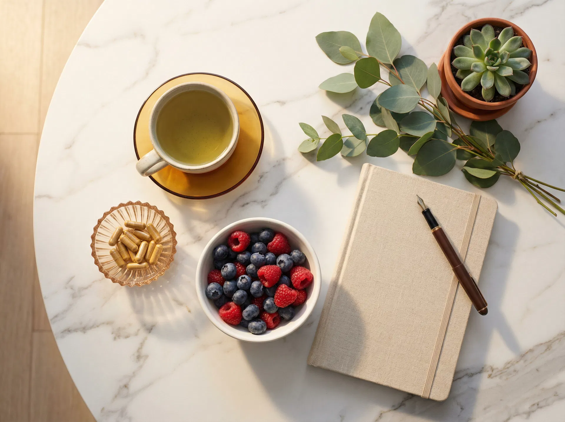 Wellness morning routine with supplements, berries, and green tea