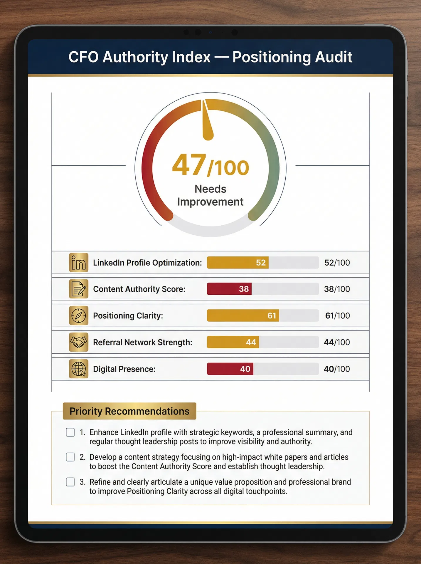 Sample CFO Authority Index audit scorecard showing 8-dimension scoring with radar chart, dimension breakdowns, and prioritized action items