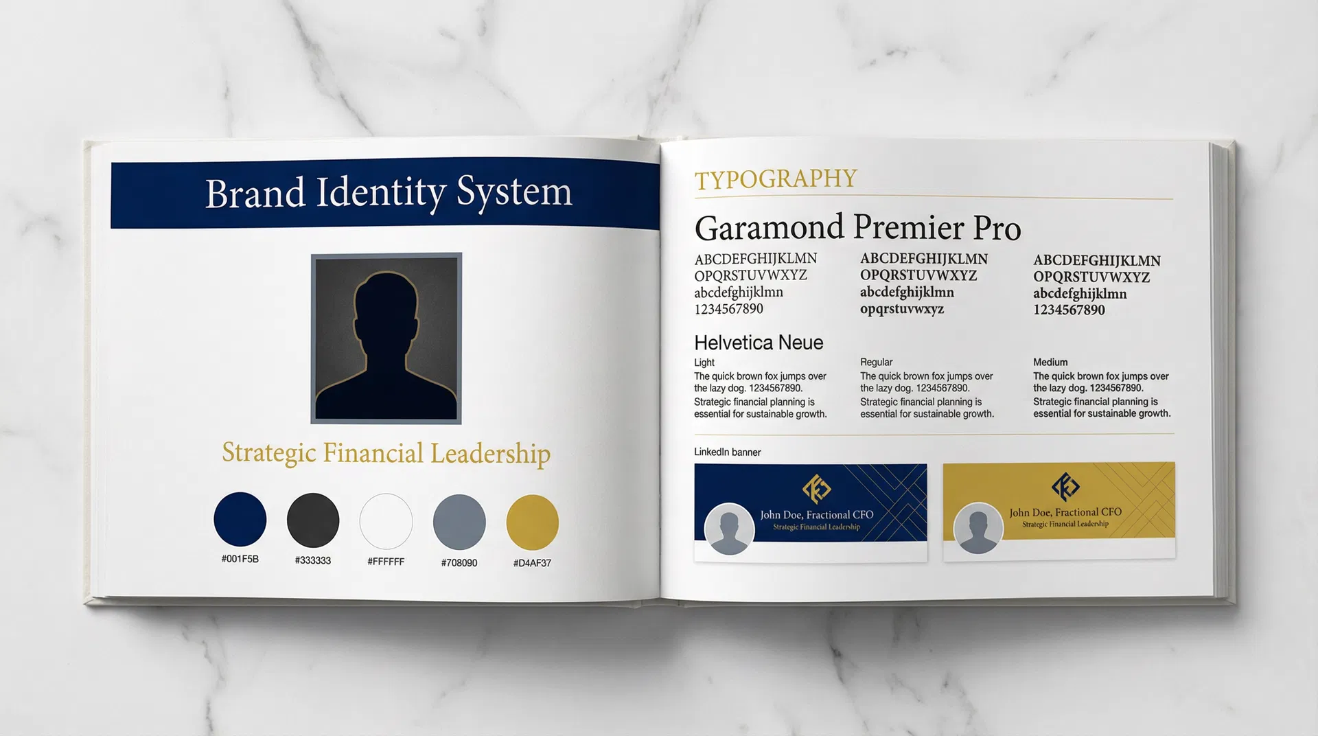 Sample brand guide showing visual identity system with color palette, typography, LinkedIn banner design, and post templates for a fractional CFO