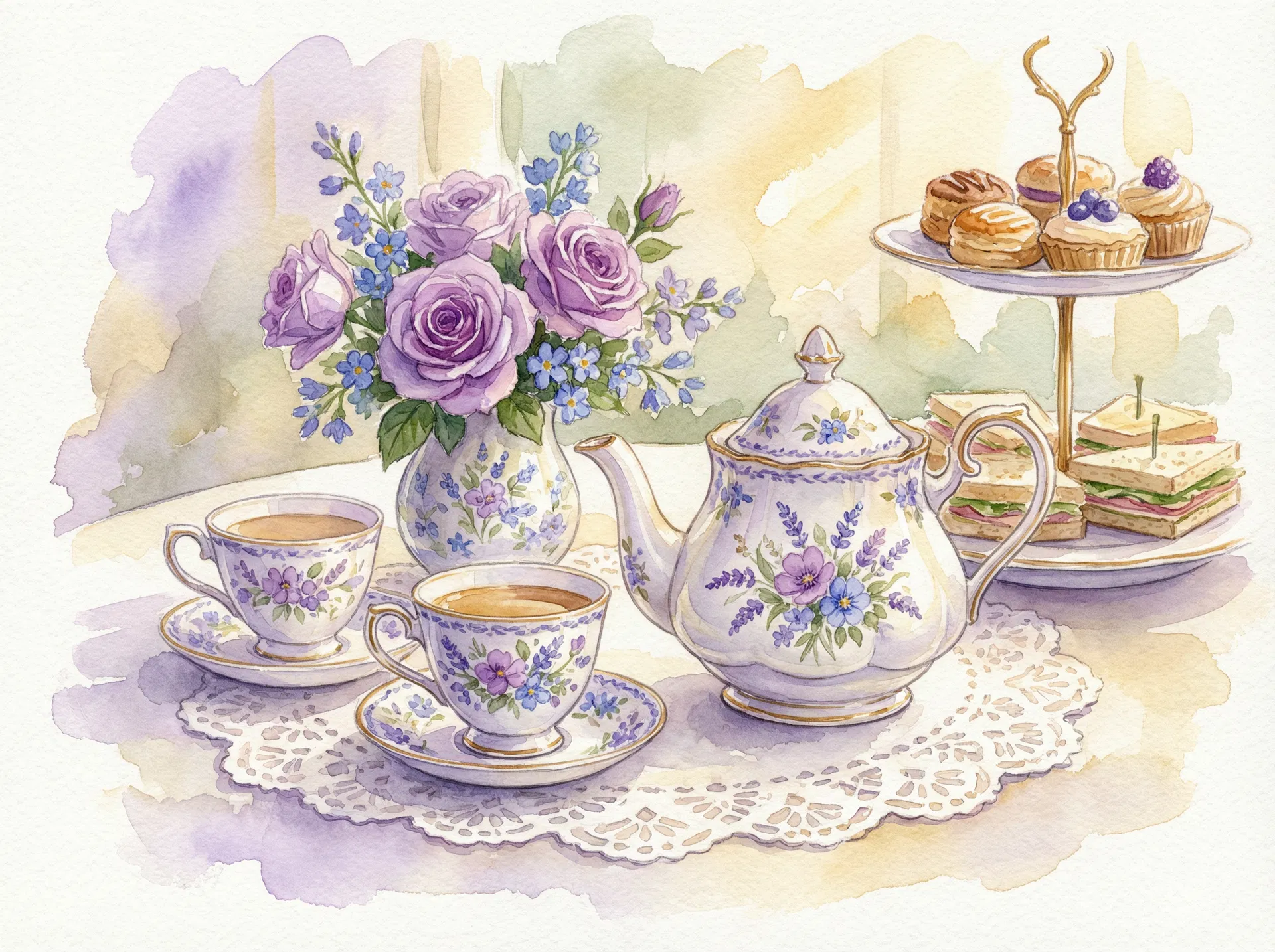 Elegant spring tea setting with fine china and flowers