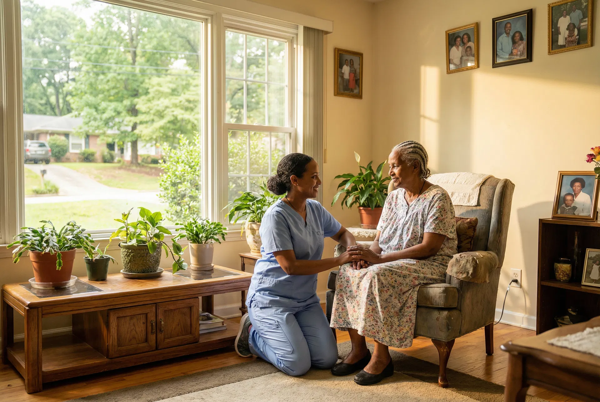 Ethiopian elderly woman being assisted by a compassionate young aide at home in Georgia