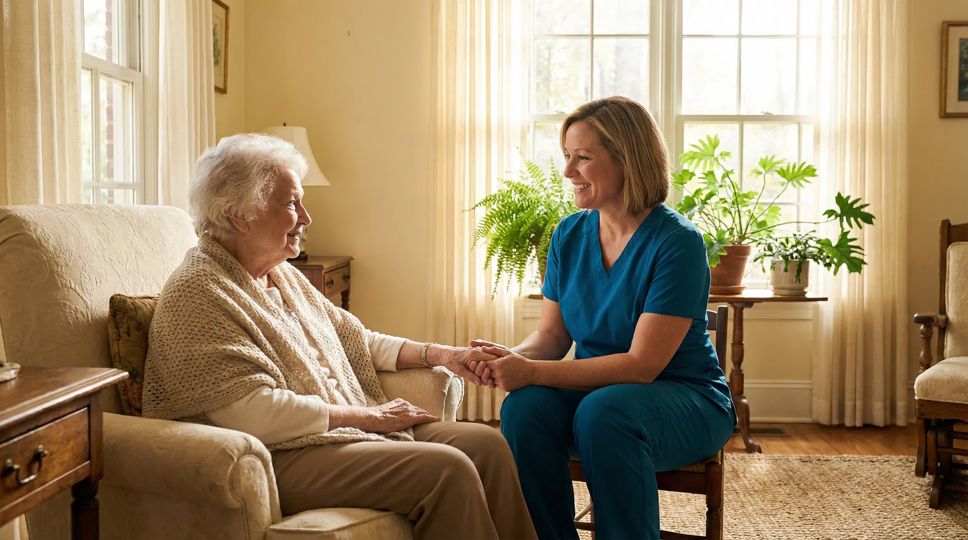 Compassionate caregiver with elderly client in a warm Georgia home