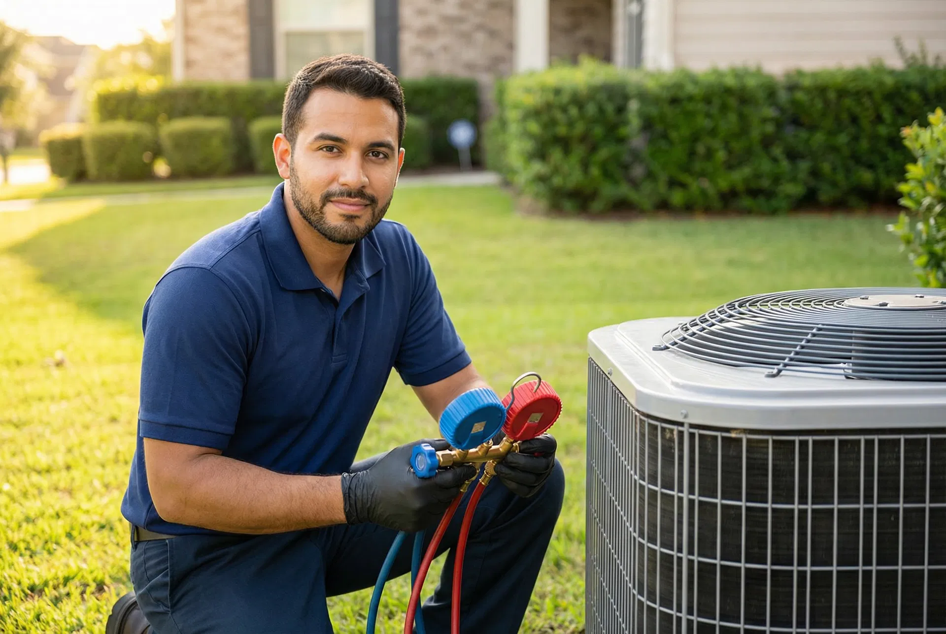 Five Flags HVAC Technician servicing air conditioning unit