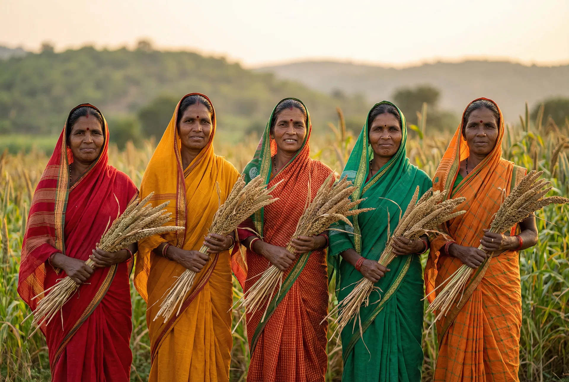Women farmers holding millet
