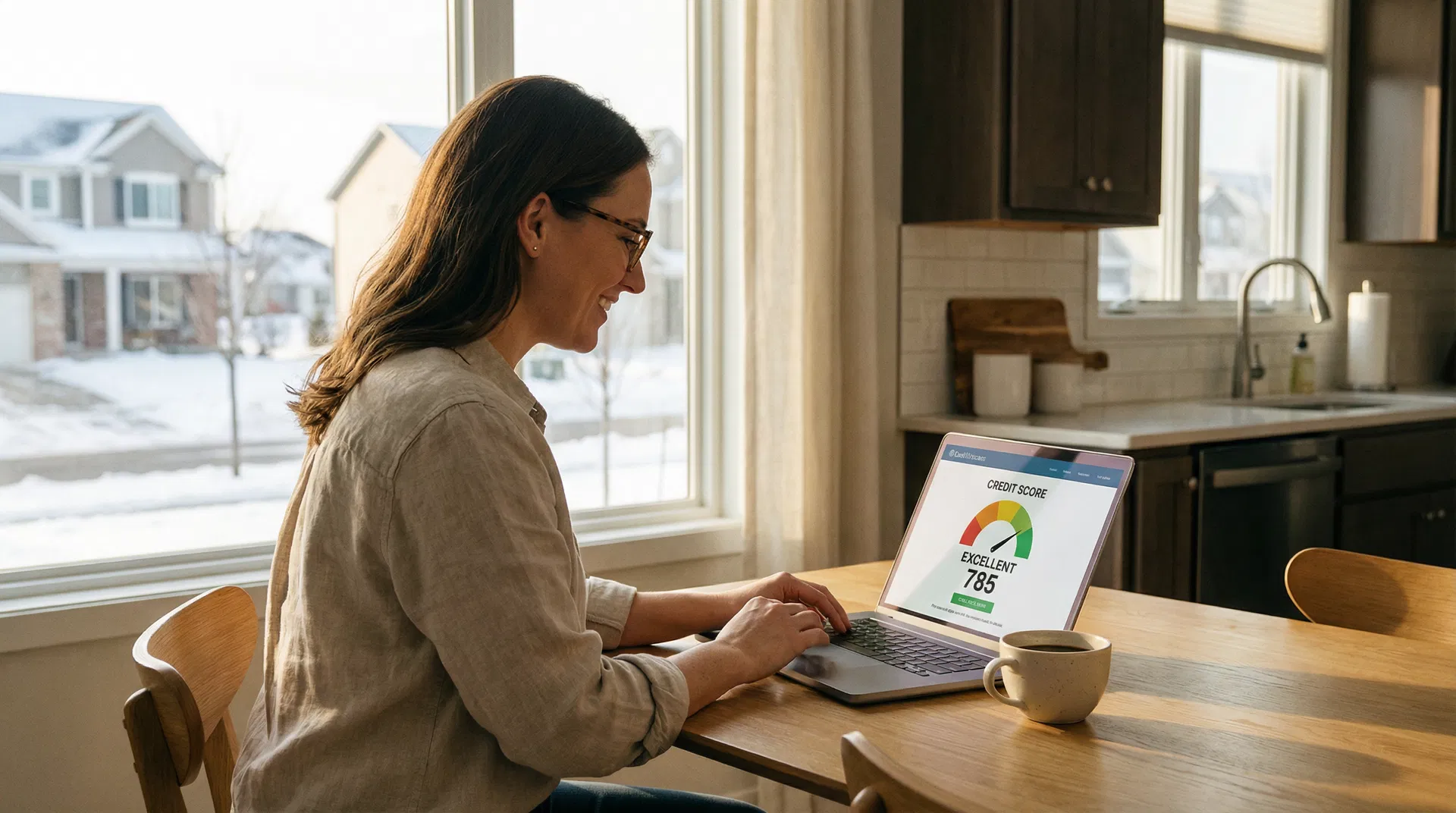 Woman reviewing her credit score on a laptop in a Michigan home