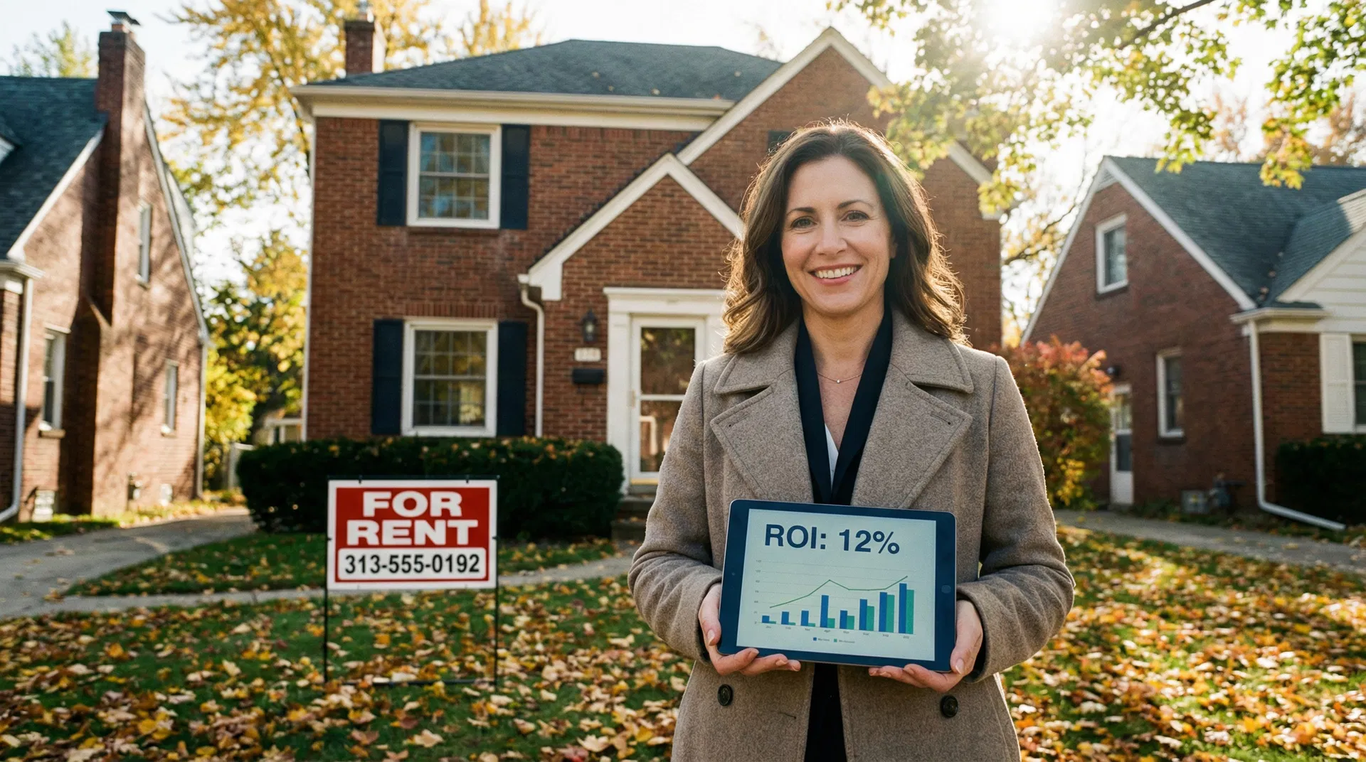 Real estate investor standing in front of a Michigan rental property