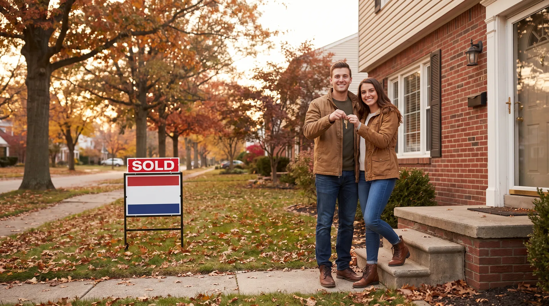 Young couple holding house keys in front of their new Michigan home