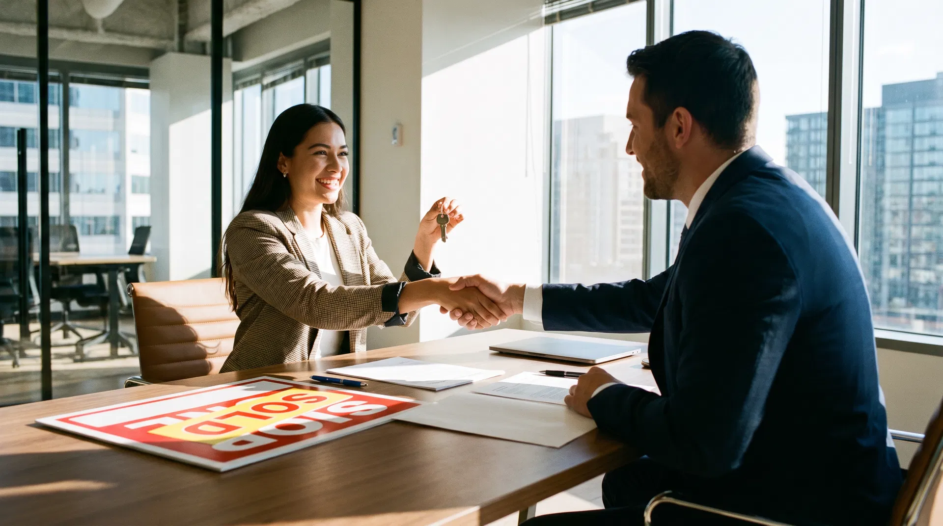 First-time homebuyer receiving house keys at mortgage closing