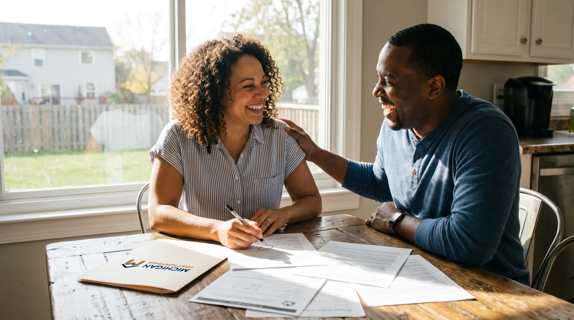 Homeowner couple reviewing mortgage documents to remove PMI