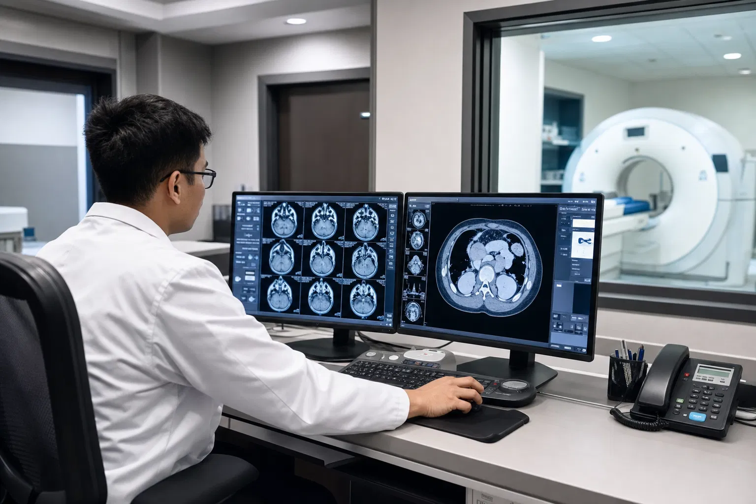 Radiologist reviewing CT and MRI imaging studies at a workstation
