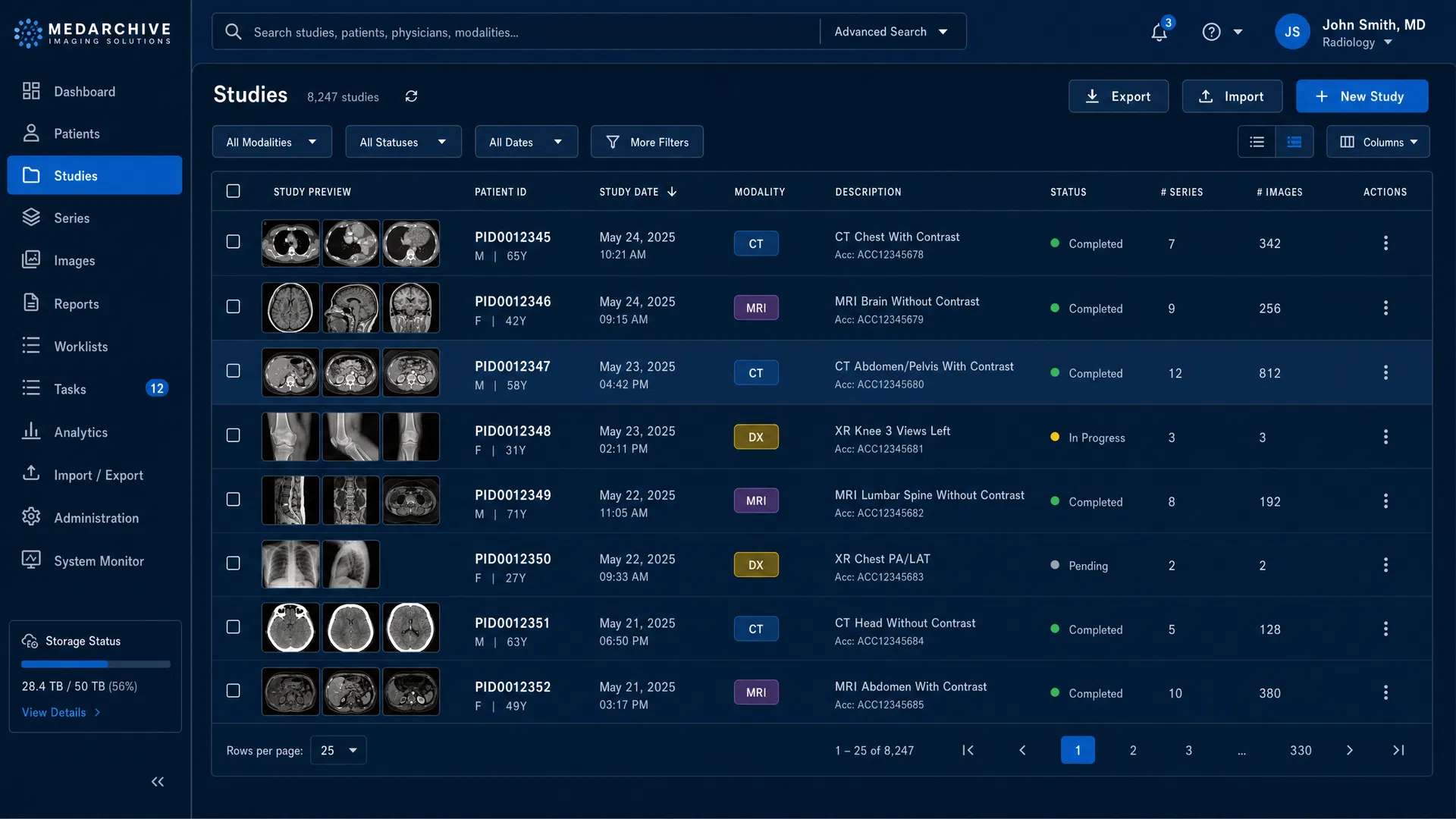 SKYIQ Archive Manager — DICOM study list interface