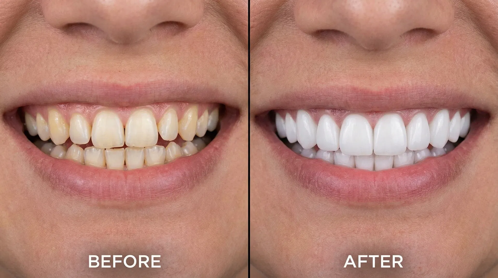 Before and after dental veneers transformation showing dramatic smile improvement