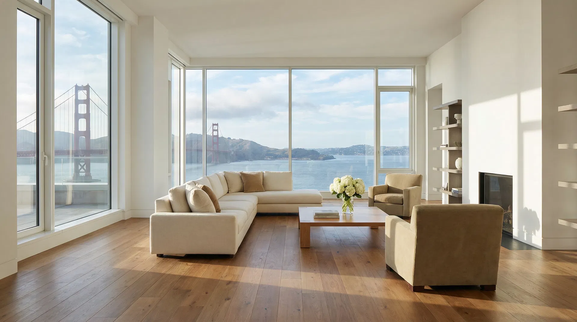 Luxury San Francisco home interior with Golden Gate Bridge view