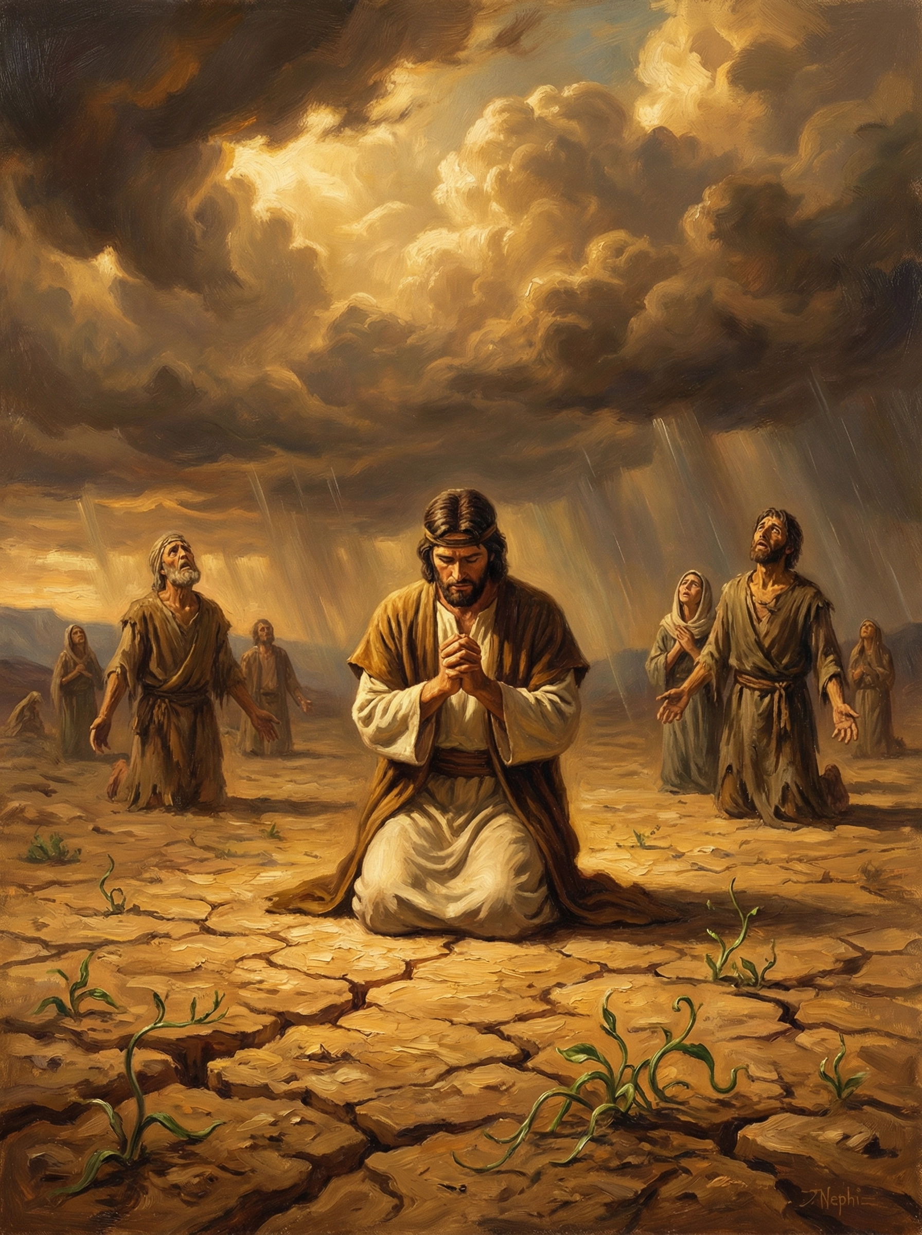 Nephi's prayer brings famine, repentance, and rain.