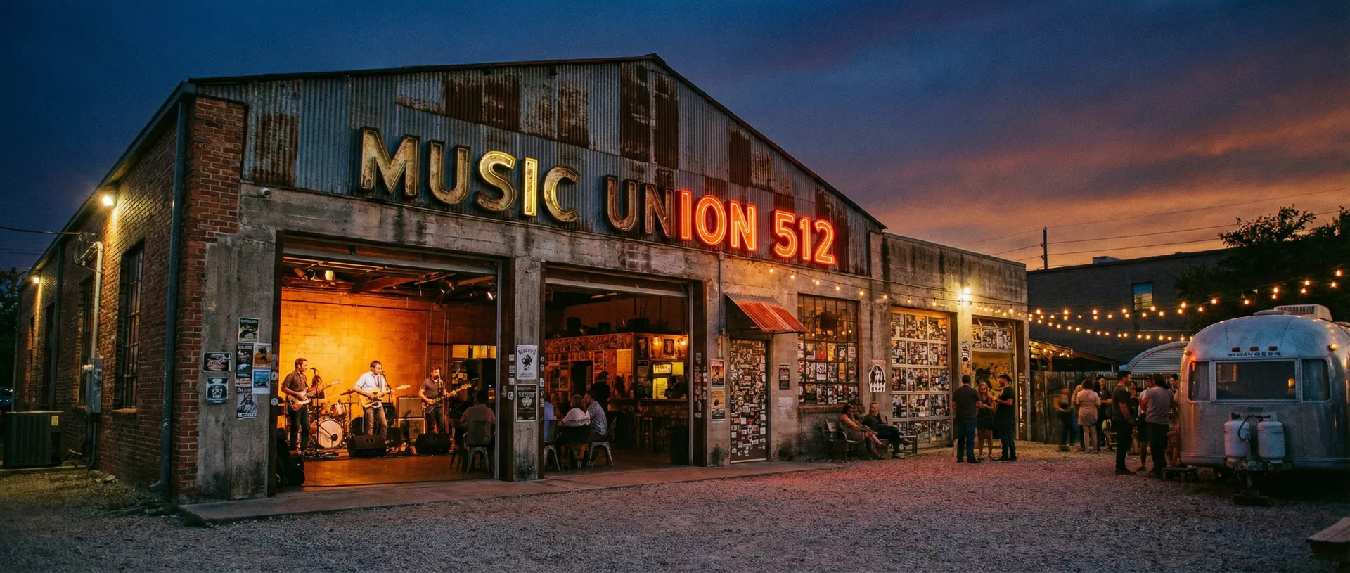 Music Union 512 exterior at dusk