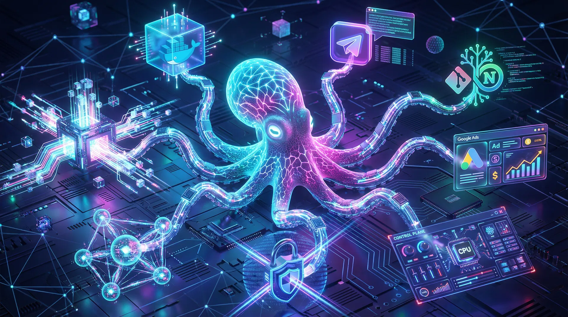 GeminiClaw - Intelligent Octopus AI Orchestrator connecting Docker, Telegram, GitNexus, Google Ads, Control Plane, Security, Agents and Data Processing