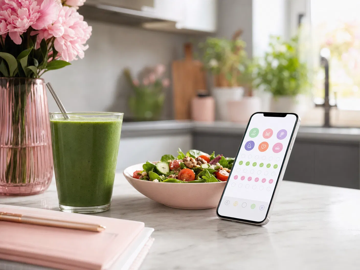 Healthy lifestyle flatlay with a phone habit tracker