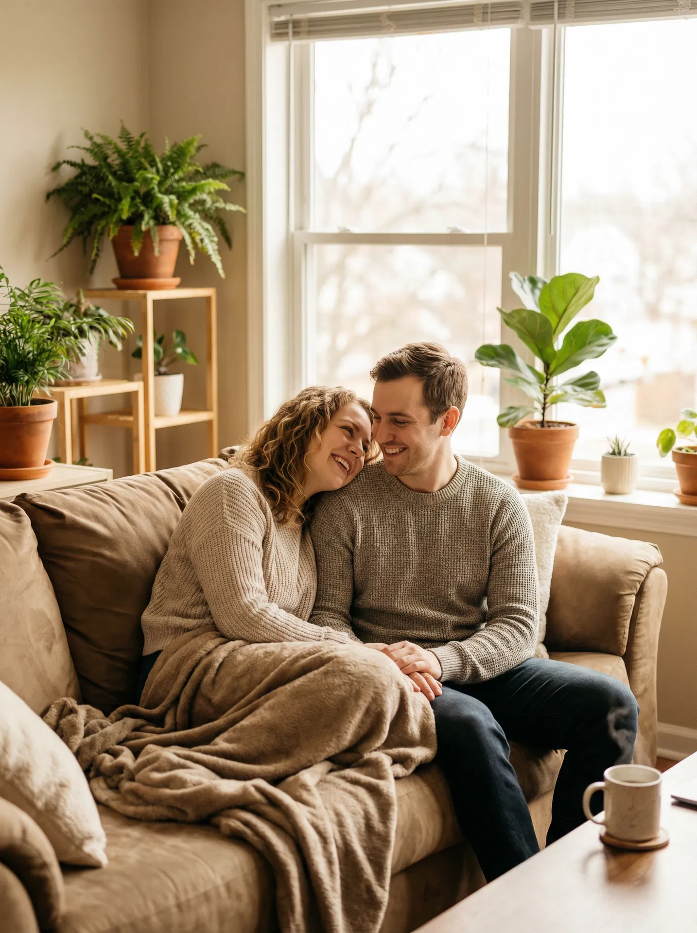 Happy young couple sitting together on a couch, warm and intimate